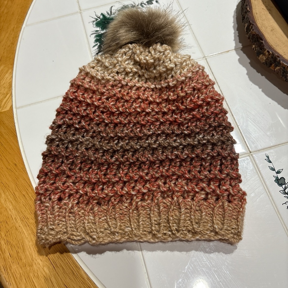 Handcrafted Earthy Color Knit slouchy Beanie with Pom-Pom - Picture 2 of 5